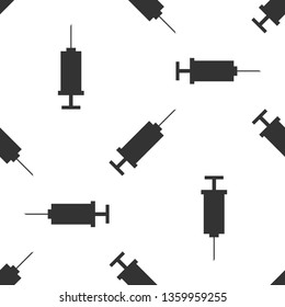 Grey Syringe icon isolated seamless pattern on white background. Syringe for vaccine, vaccination, injection, flu shot. Medical equipment. Vector Illustration