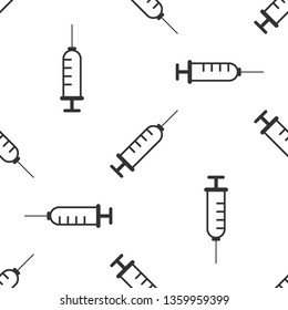 Grey Syringe icon isolated seamless pattern on white background. Syringe for vaccine, vaccination, injection, flu shot. Medical equipment. Vector Illustration