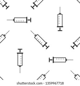 Grey Syringe icon isolated seamless pattern on white background. Syringe for vaccine, vaccination, injection, flu shot. Medical equipment. Vector Illustration