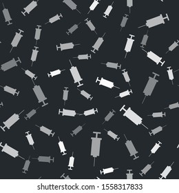 Grey Syringe icon isolated seamless pattern on black background. Syringe for vaccine, vaccination, injection, flu shot. Medical equipment.  Vector Illustration
