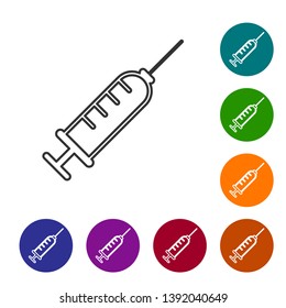 Grey Syringe line icon isolated on white background. Syringe for vaccine, vaccination, injection, flu shot. Medical equipment. Set icon in color circle buttons. Vector Illustration