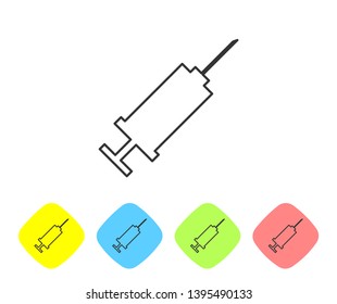 Grey Syringe line icon isolated on white background. Syringe for vaccine, vaccination, injection, flu shot. Medical equipment. Set icon in color rhombus buttons. Vector Illustration