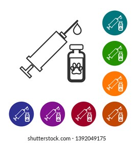 Grey Syringe with pet vaccine line icon isolated on white background. Dog or cat paw print. Set icon in color circle buttons. Vector Illustration