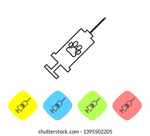 Grey Syringe with pet vaccine line icon isolated on white background. Dog or cat paw print. Set icon in color rhombus buttons. Vector Illustration