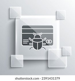 Grey System bug in credit card icon isolated on grey background. Code bug concept. Bug in the system. Bug searching. Square glass panels. Vector