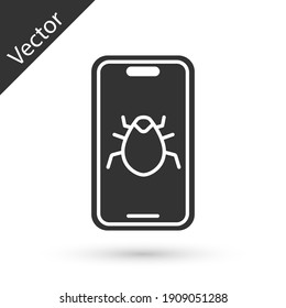 Grey System bug on mobile icon isolated on white background. Code bug concept. Bug in the system. Bug searching. Vector.