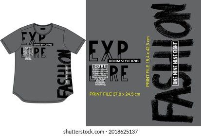 GREY t shirt design, with fashion words brush texture print, clothing apparel garment.