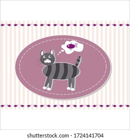 Grey tabby cat dreaming of a fish on a purple background.