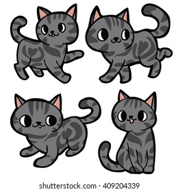 grey tabby cute cat cartoon set