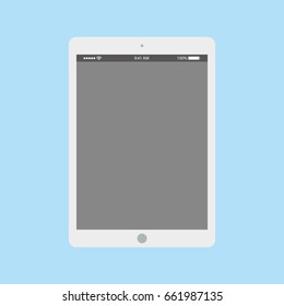 Grey tablet with battery and clock on dark grey empty screen. grey tablet flat style on blue background vector eps10