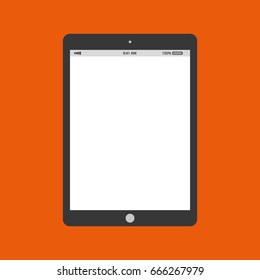 Grey tablet with battery and clock on white empty screen. Grey tablet vector eps10 on orange background. Tablet grey color with white screen