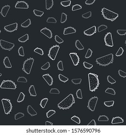 Grey Taco with tortilla icon isolated seamless pattern on black background. Traditional mexican fast food.  Vector Illustration
