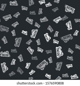 Grey Taco with tortilla icon isolated seamless pattern on black background. Traditional mexican fast food.  Vector Illustration