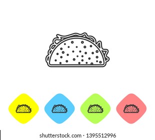 Grey Taco with tortilla line icon isolated on white background. Traditional mexican fast food. Set icon in color rhombus buttons. Vector Illustration