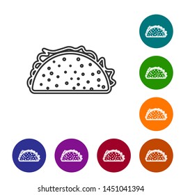 Grey Taco with tortilla line icon isolated on white background. Traditional mexican fast food. Set icon in color circle buttons. Vector Illustration
