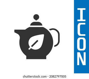 Grey Teapot with leaf icon isolated on white background.  Vector
