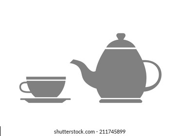 Grey teapot and teacup on white background