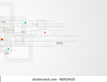 Grey tech minimal background with squares and arrows. Technology geometric light vector illustration