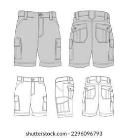 Esbozo técnico gris de la plantilla vectorial Cargo Shorts, vista frontal, trasera y lateral, aislado en fondo blanco, color editable y trazo.