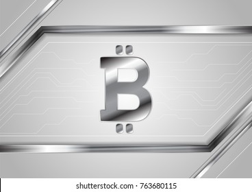 Grey technology background with bitcoin money emblem. Internet virtual crypto currency symbol