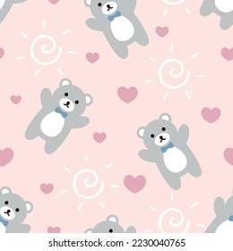 oso de peluche gris con corbata de arco y corazones kawaii, fondo de patrón inquebrantable rosado con sol abstracto, niños lindo tejido de animales de bosque y diseño de impresión textil.