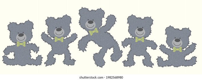 Grey Teddy bears in different poses.