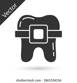 Grey Teeth with braces icon isolated on white background. Alignment of bite of teeth, dental row with with braces. Dental concept. Vector.