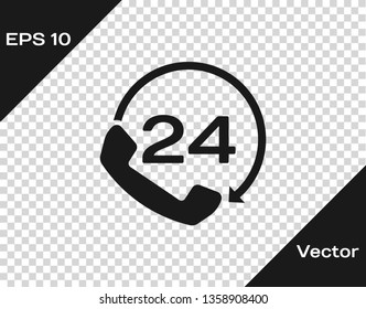 Grey Telephone 24 hours support icon isolated on transparent background. All-day customer support call-center. Full time call services. Vector Illustration