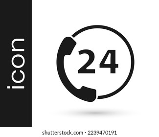 Icono de soporte de 24 horas del teléfono gris aislado en fondo blanco. Centro de atención al cliente durante todo el día. Servicios de llamadas a tiempo completo.  Ilustración vectorial