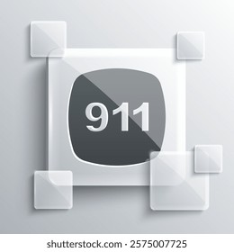 Grey Telephone with emergency call 911 icon isolated on grey background. Police, ambulance, fire department, call, phone. Square glass panels. Vector