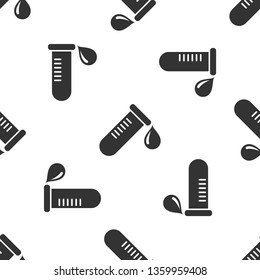 Grey Test tube or flask with drop of blood icon isolated seamless pattern on white background. Laboratory, chemical, scientific glassware sign. Vector Illustration