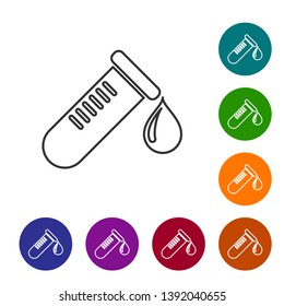 Grey Test tube or flask with drop of blood line icon isolated on white background. Laboratory, chemical, scientific glassware sign. Set icon in color circle buttons. Vector Illustration