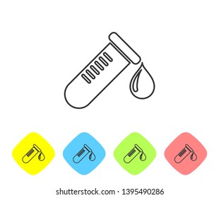 Grey Test tube or flask with drop of blood line icon isolated on white background. Laboratory, chemical, scientific glassware sign. Set icon in color rhombus buttons. Vector Illustration