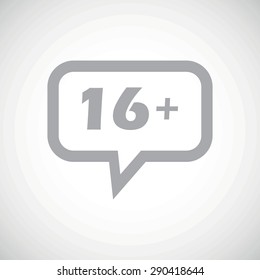 Grey text 16 plus in chat bubble, on white gradient background