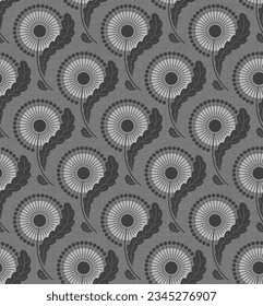 GREY TEXTURED VECTOR SEAMLESS BACKGROUND WITH BLOOMING DANDELIONS IN ART NOUVEAU STYLE