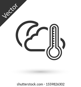 Grey Thermometer and cloud with moon icon isolated on white background.  Vector Illustration