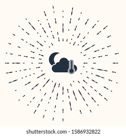 Grey Thermometer and cloud with moon icon isolated on beige background. Abstract circle random dots. Vector Illustration