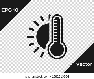 Grey Thermometer with sun icon isolated on transparent background.  Vector Illustration