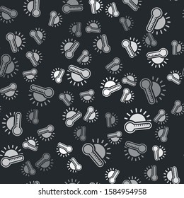 Grey Thermometer with sun icon isolated seamless pattern on black background.  Vector Illustration