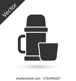Grey Thermos container and cup icon isolated on white background. Thermo flask icon. Camping and hiking equipment. Vector Illustration