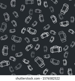 Grey Thermos container icon isolated seamless pattern on black background. Thermo flask icon. Camping and hiking equipment.  Vector Illustration