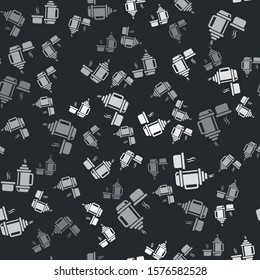 Grey Thermos container icon isolated seamless pattern on black background. Thermo flask icon. Camping and hiking equipment.  Vector Illustration