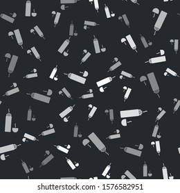 Grey Thermos container icon isolated seamless pattern on black background. Thermo flask icon. Camping and hiking equipment.  Vector Illustration