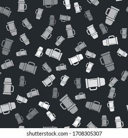 Grey Thermos container icon isolated seamless pattern on black background. Thermo flask icon. Camping and hiking equipment. Vector Illustration