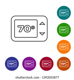 Grey Thermostat line icon isolated on white background. Temperature control. Set icon in color circle buttons. Vector Illustration