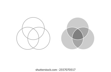 Grey three intersecting circles, Venn Diagram, Overlapping Circles.