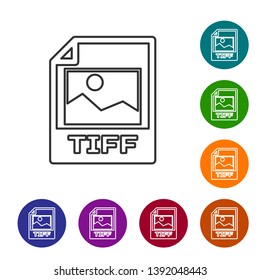 Grey TIFF file document icon. Download tiff button line icon isolated on white background. TIFF file symbol. Set icon in color circle buttons. Vector Illustration