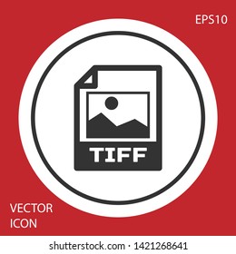 Grey TIFF file document icon. Download tiff button icon isolated on red background. TIFF file symbol. White circle button. Vector Illustration