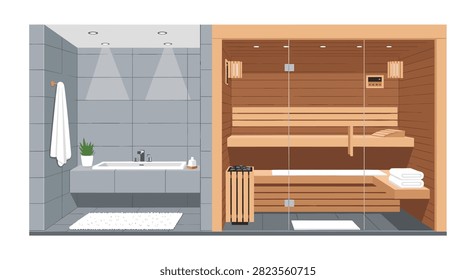 Grey tiled bathroom featuring a floating vanity sink with a white towel and a spacious wooden sauna room with glass doors for luxury home wellness.
