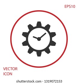 Grey Time Management icon isolated on white background. Clock and gear sign. Red circle button. Vector Illustration
